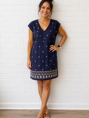 Zara Basic Navy Blue Linen Embroidered Dress – Beige Detail
